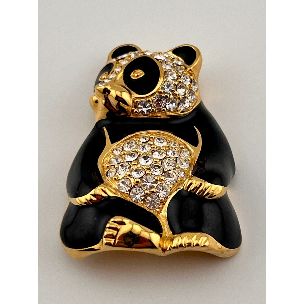 Trifari Pondering Panda Brooch Unisex OS Black Gold Excellent Enamel Rhinestone